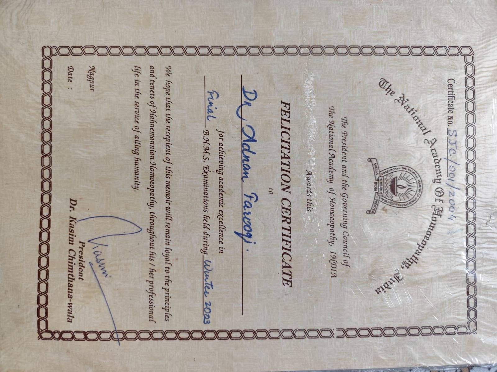 Felicitation Certificate, National Academy of Homoeopathy