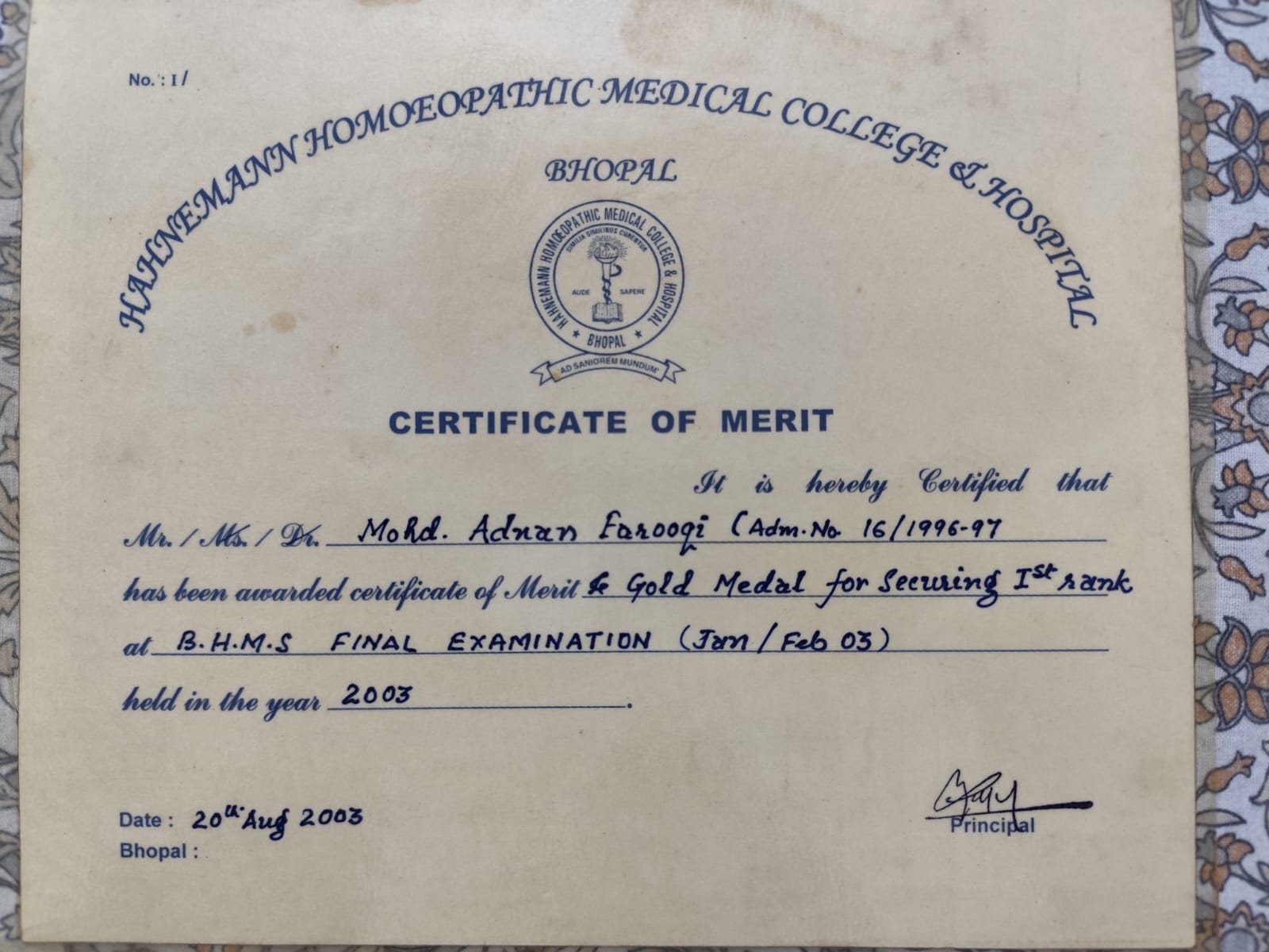 Certificate of Merit & Gold Medal