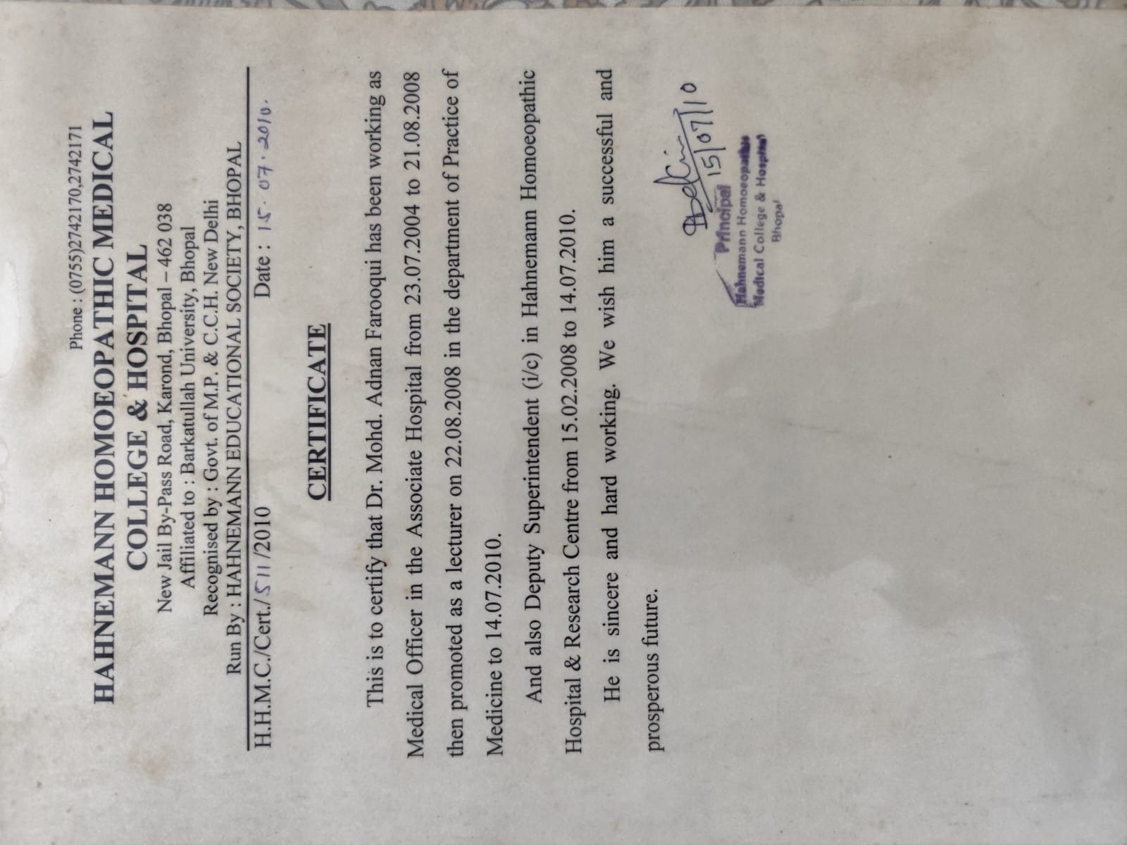 Service Certificate, Hahnemann Homoeopathic Medical College & Hospital